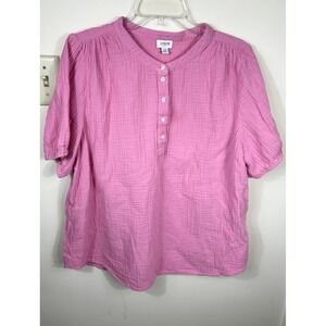 J.Crew Gauze Cotton Henley Blouse Top Women's 2X Pink Spring Puff Short Sleeves
